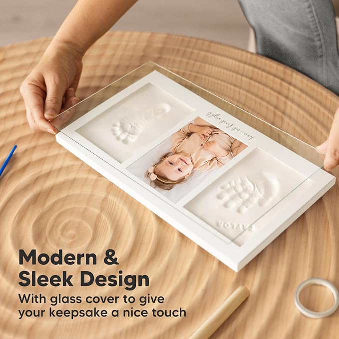 Baby Hand and Footprint Kit - Clay Handprint Keepsake Frame, Newborn Nursery Picture Frame, Personalized New Mom Gifts for Baby Shower & Registry (Ash Wood)-CubbioJoy