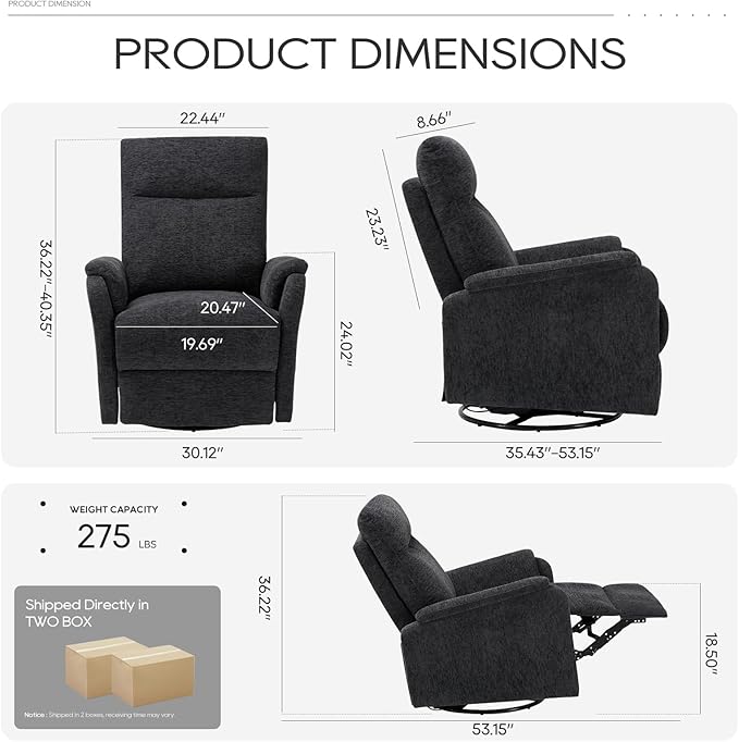 COLAMY Swivel Recliner Chair with Footrest, High Back with Double-Layer Cushion, Glider Recliner for Nursery & Living Room, Bedroom, Dark Grey-CubbioJoy