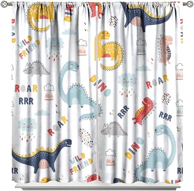 Cartoon Dinosaur Curtains for Kids Boys Girls Home Decor Colorful Cute Dino Animals Print Pattern Rod Pocket Blackout Window Drapes for Nursery Baby Bedroom Playroom W27.5xL63in 2 Panels-CubbioJoy