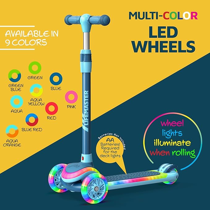 3-Wheel Kids Scooter with Multi-Color Lights on Deck & Wheels – 5-Height Adjustable Handlebar, Wide Anti-Slip Deck, Child Safety Certified, Boys & Girls Ages 3+ Supports Up to 150 lbs-CubbioJoy
