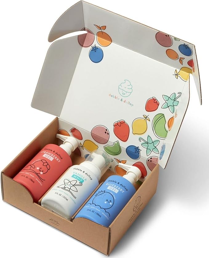 Dabble & Dollop USA Bundle, 3-in-1 Natural Bubble Bath, Body Wash & Shampoo for Kids, USA-Made, Paraben & Sulfate Free, Vegan, Tear-Free, Strawberry, Vanilla & Blueberry (Set of 3)-CubbioJoy