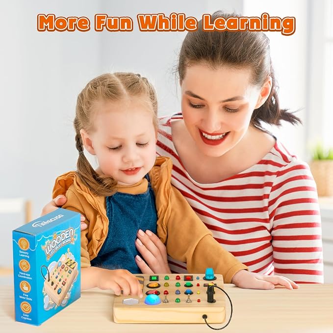 Busy Board Montessori Toys for Toddler, Wooden Sensory Board Switch Toy with Shape Sorter LED Light Up Toys Educational Plane Travel Activity for Girls & Boys-CubbioJoy