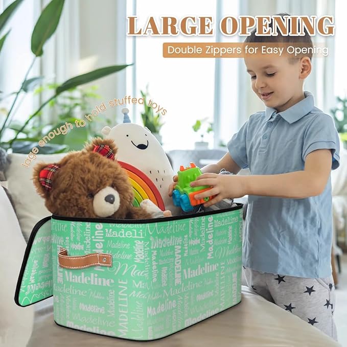 Custom Storage Basket with Name, Personalized Storage Bins with Zipper Lid, Foldable Fabric Storage Box Large capacity with Handle Green Gradient-CubbioJoy