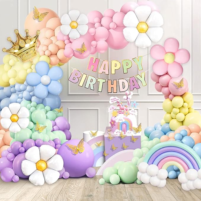 219Pcs Daisy Balloon Arch Garland Kit - Pastel Rainbow Balloons Arch Kit with Daisy Balloons,Banner,Cake Toppers,12 3D Butterfly, for Birthday Party, Baby Shower, Flower Themed Party Decorations-CubbioJoy