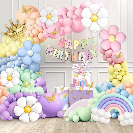 219Pcs Daisy Balloon Arch Garland Kit - Pastel Rainbow Balloons Arch Kit with Daisy Balloons,Banner,Cake Toppers,12 3D Butterfly, for Birthday Party, Baby Shower, Flower Themed Party Decorations-CubbioJoy