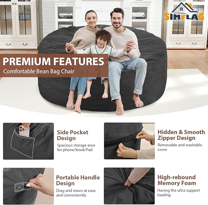 5FT Bean Bag Chair, Large Bean Bag Chairs with Memory Foam Filled, Fluffy Beanbag Sofa with Dutch Velvet Cover, Round BeanBag Chairs for Living Room, Playroom - Grey-CubbioJoy