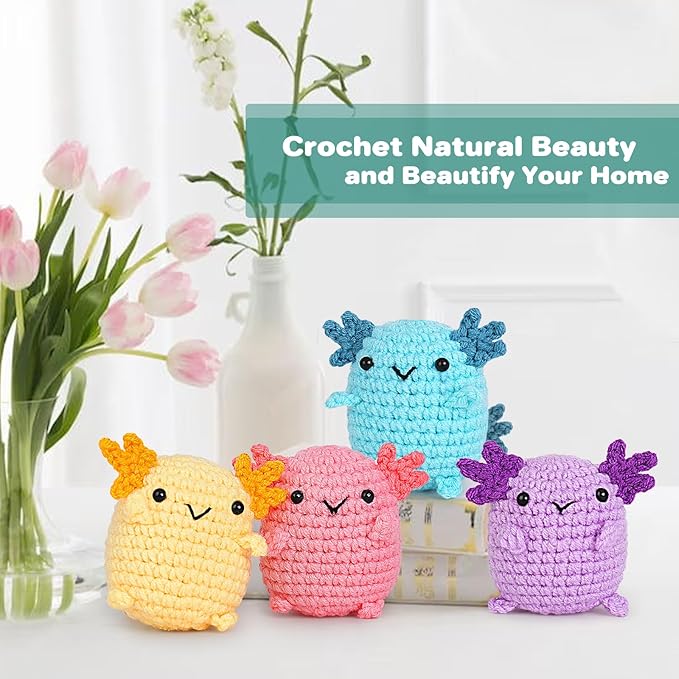 Crochetta Crochet Kit for Beginners, Crochet Starter Kit w Step-by-Step Video Tutorials, Beginner Crochet Kit for Adults Kids Women Men Complete Kit Included (4 Mini Axolotls)-CubbioJoy