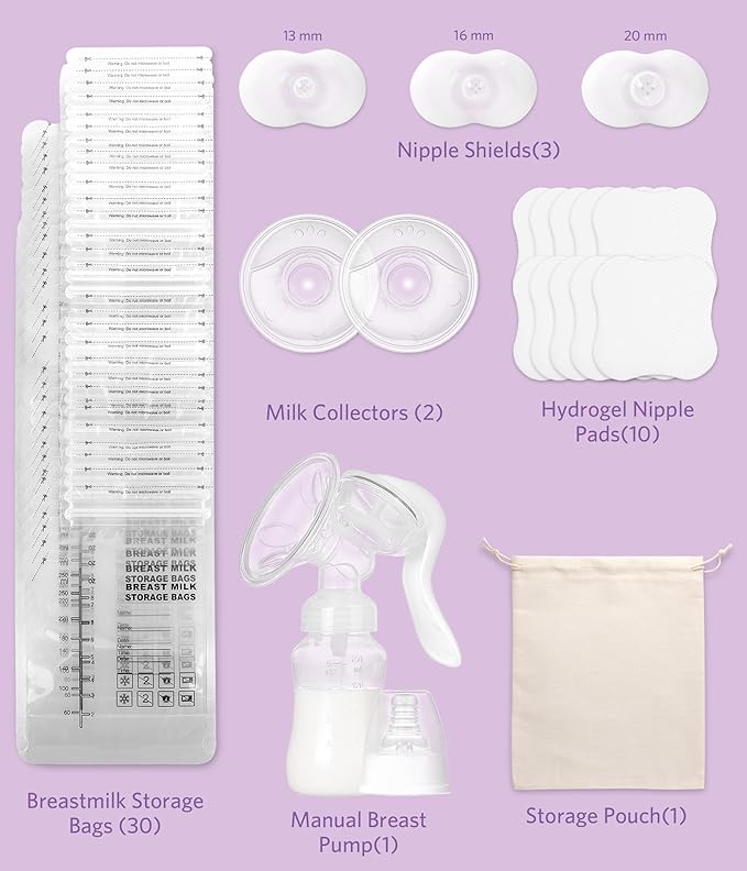 Breastfeeding Essentials Kit for Nursing Moms - Manual Breast Pump, Nipple Shields, Milk Collectors, Breastmilk Storage Bags, Soothing Gel Pads for Breastfeeding Newborn Relief for Sore Nipples 37 Pcs-CubbioJoy
