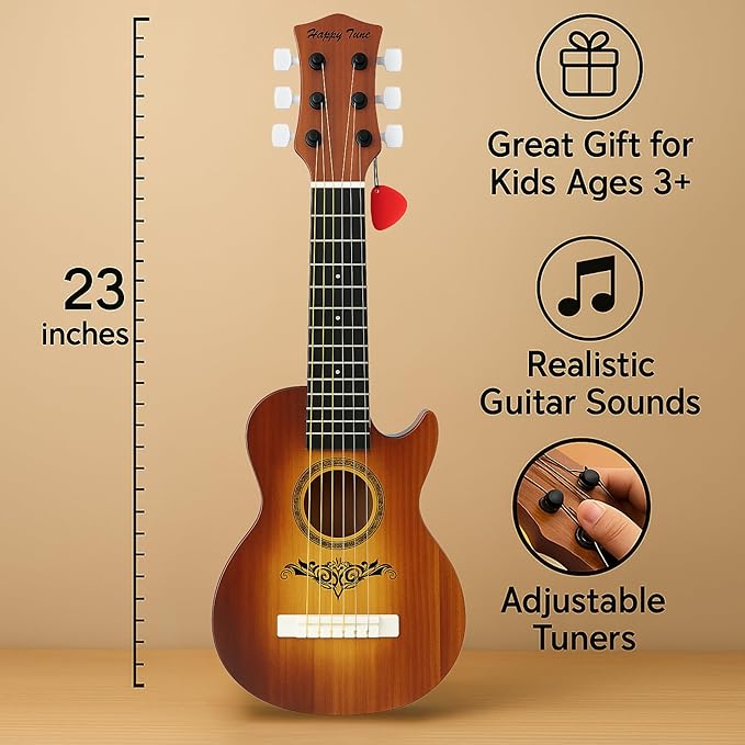 23" Acoustic Guitar, Kids 6 String Toy Guitar - Realistic Steel Strings - Beginner Practice First Musical Instrument for Children, Toddlers (Brown)-CubbioJoy