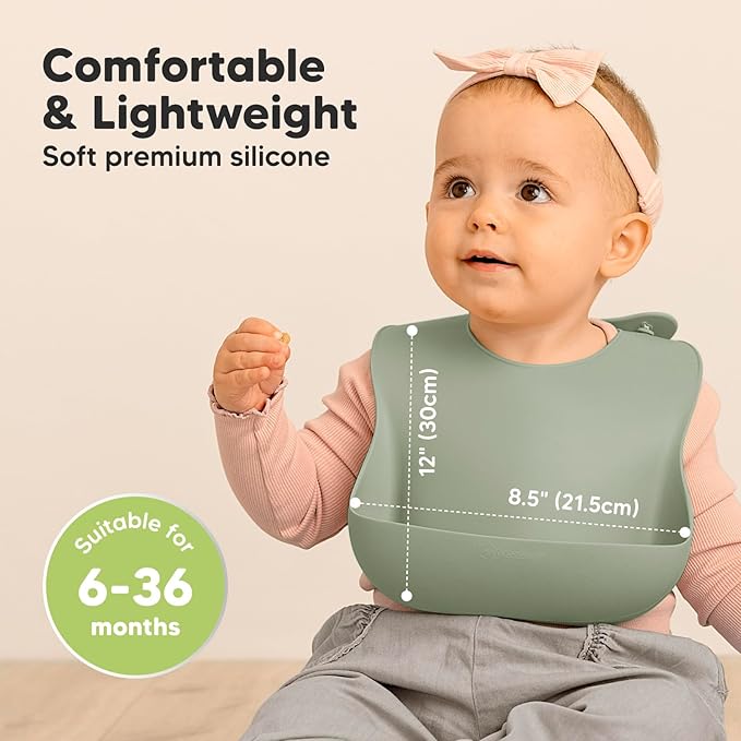 KeaBabies 2-Pack Silicone Baby Bibs for Eating - Sturdy Food-Grade Silicone Bibs for Babies Girl, Boy, Large Food Catcher, Clean & Put On Easily, Waterproof Toddler Feeding Essentials (Sage)-CubbioJoy