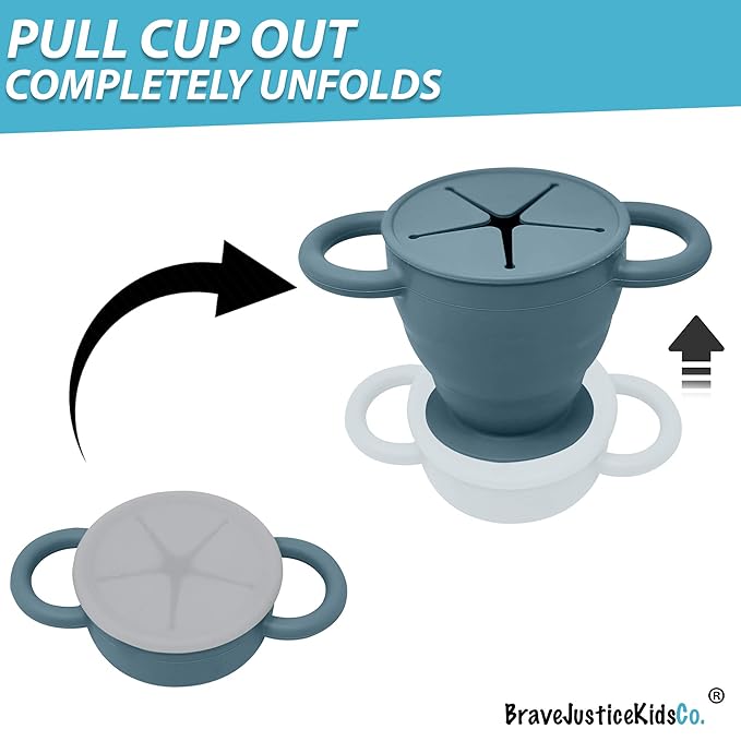 BraveJusticeKidsCo | Snack Attack II Snack Cup | Collapsible Silicone Snack Container | Toddler and Baby Snack Catcher Lid (Blue Steel)-CubbioJoy