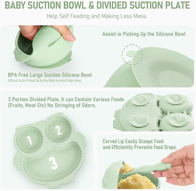 Baby Weaning Set, Silicone Feeding Set(10 Pcs), Toddler Set with Adjustable Bib, Suction Bowl, Plate, Fork, Spoon, Water & Snack Cup Kit, Led Kit for Babies, and Kids Green GJTZ-04-CubbioJoy