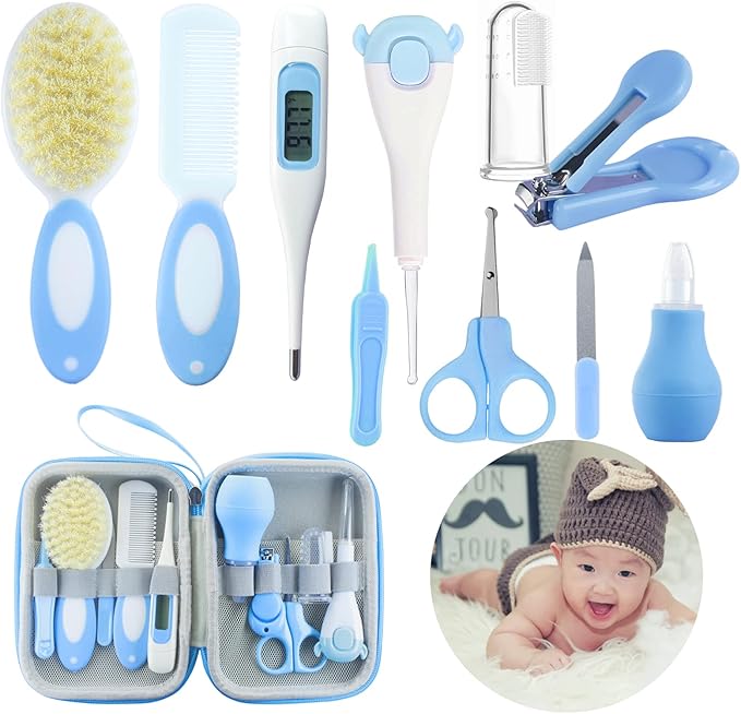 Baby Care Kits,Baby Grooming Kit,10 in 1 Newborn Essentials Must Haves,Baby Nail Clippers Baby Brush Baby Comb Earpick Nose Cleaning Tool Baby Nail File Nursing Baby Kit （Blue）-CubbioJoy