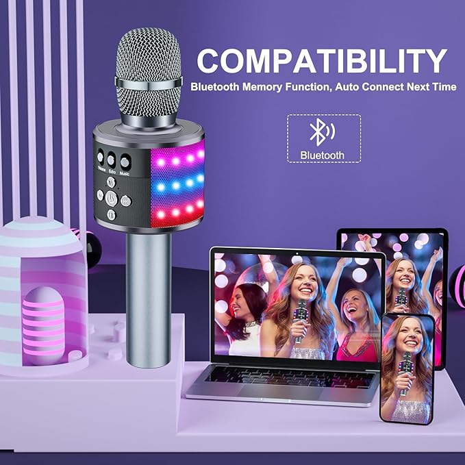 BONAOK Karaoke Microphone for Kids & Adults - Bluetooth Microphones Singing Mic with Disco Lights, Echo Effect, Built-in Speaker Portable Karaoke Player for Party Travel Gifts Q78(Space Gary)-CubbioJoy