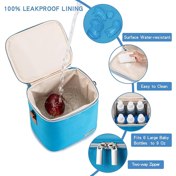 Breastmilk Cooler Bag with Ice Pack Fits 6 Baby Bottles Up to 9 Ounce, Baby Bottle Bag with Shoulder Strap for Nursing Mom Daycare, Blue-CubbioJoy