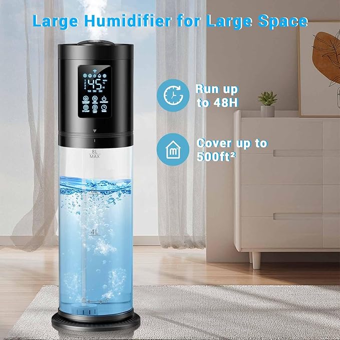 8L Humidifiers for Bedroom Large Room, 4 Levels Cool Mist Humidifier with Clear Tank, 7 Color Lights Essential Oil Diffuser with 16H Timer, Top Fill Humidifier for Home Plants Office-CubbioJoy