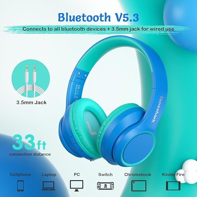 Active Noise Cancelling Headphones for Kids, 60H Playtime, Wireless Bluetooth Over-Ear Blue Headset Built-in Microphone for Home/School/Travel/Party - Includes Portable Case-CubbioJoy