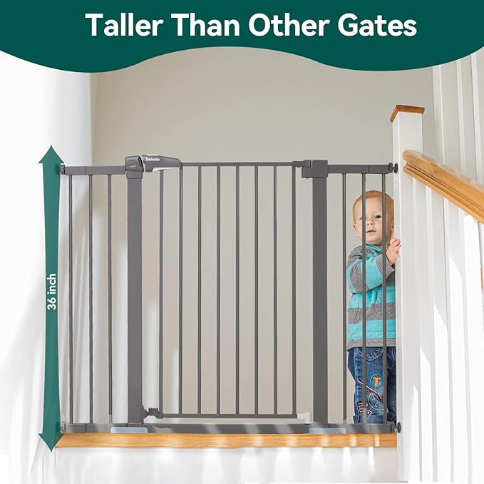 BABELIO 36 Inch Tall Metal Baby Gate, 29-48" Auto Close Pressure Mounted Dog Gate, Gray-CubbioJoy