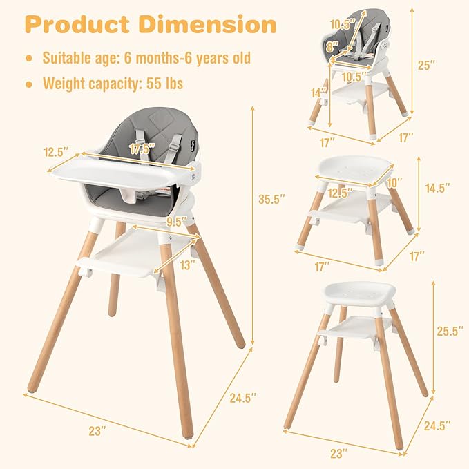 BABY JOY Baby High Chair, 6 in 1 Convertible Wooden High Chair for Babies & Toddlers with Adjustable Legs, Double Removable Tray, Safety Harness & Waterproof PU Cushion (White)-CubbioJoy