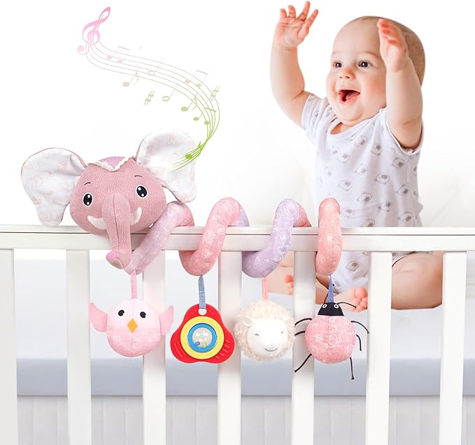 Jollybaby Baby Car Seat Stroller Toys, Plush Activity Hanging Spiral Activity Pram Crib with Music Box, Rattles, Squeaker for Babies Infant Boys Girls(SZ Pink Elephant)-CubbioJoy