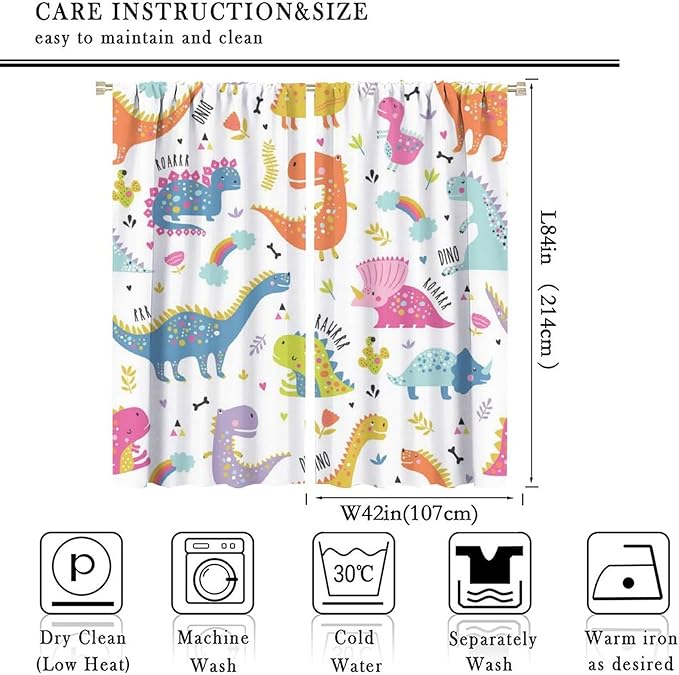 Cartoon Dinosaur Curtains for Kids Boys Girls Home Decor Childish Cute Dino Animals Print Pattern Rod Pocket Blackout Window Drapes for Nursery Baby Bedroom Playroom W42xL84in 2 Panels-CubbioJoy