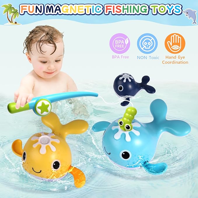 Baby Bath Toys Set, Wind Up Pool Toys for Toddlers 1-3, Kids Magnetic Fishing Toys with 1 Fishing Rod & 1 Net & 4 Brightly Colored Whales, Boys and Girls Birthday Gifts-CubbioJoy