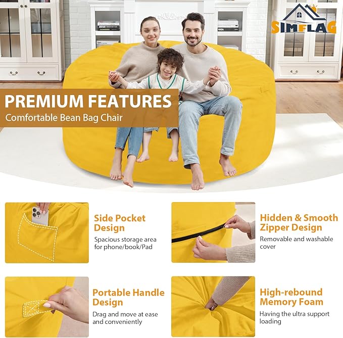 5FT Bean Bag Chair, Large Bean Bag Chairs with Memory Foam Filled, Fluffy Beanbag Sofa with Dutch Velvet Cover, Round BeanBag Chairs for Living Room, Playroom - Lemon-CubbioJoy