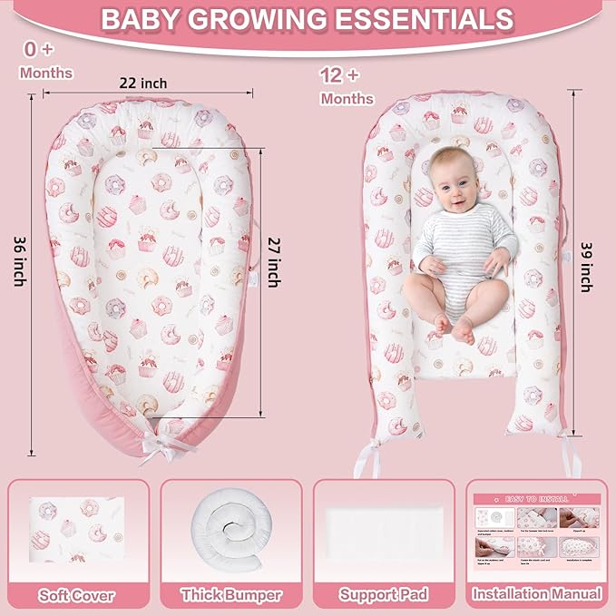 Baby Lounger - Infant Lounger for Newborn 0-24 Months, Breathable & Soft Baby Lounger Cover, Portable Infant Lounger for Home and Travel, Babies Essentials Gifts - Pink-CubbioJoy