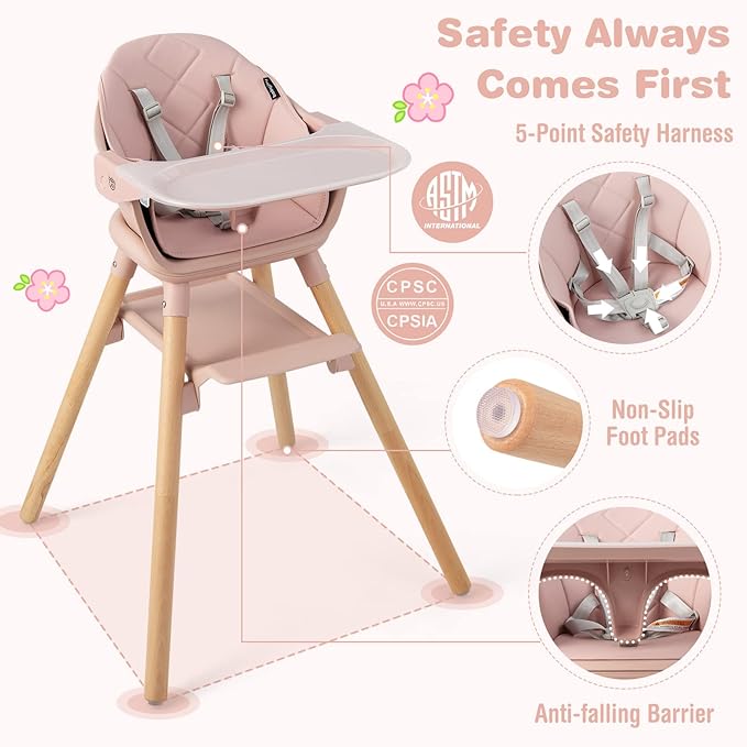 BABY JOY Baby High Chair, 6 in 1 Convertible Wooden High Chair for Babies & Toddlers with Adjustable Legs, Double Removable Tray, Safety Harness & Waterproof PU Cushion (Pink)-CubbioJoy