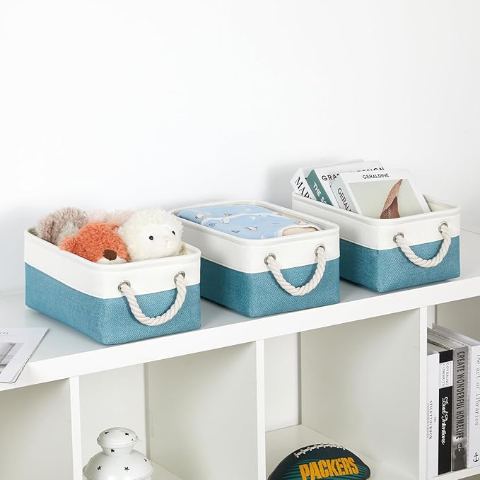 Bidtakay Small Storage Baskets for Shelves 3 Pack Fabric Storage Bins for Organizing Linen Collapsible Organizer for Closet-White&Teal-CubbioJoy