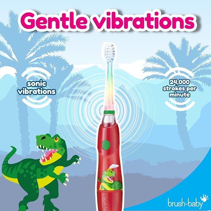 Brush‑Baby - KidzSonic Dinosaur Kids Electric Toothbrush for Ages 3+ with Disco LED Lights, Gentle Sonic Vibrations, 2-Minute Smart Timer & 30‑Second Pulse Reminders – AAA Battery Included-CubbioJoy