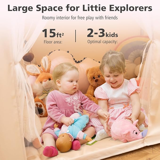 INFANS Kids Play Tent with Glow in The DarkWashable Mat Star Light Windows, Anti-Trip Large Playhouse Toys for Children Boys Girls, Indoor Outdoor Princess Tents Castle for Toddlers (Fluorescent Pink)-CubbioJoy