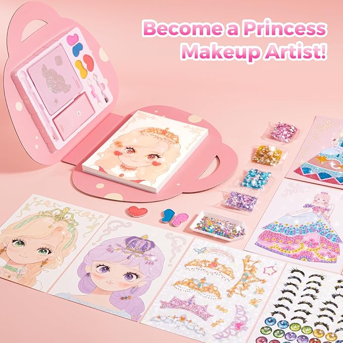 4 in 1 Princess Art Craft Kits, Foil Crafts Art Fun & Gem Painting, Makeup Diamond DIY Activity, Dress Up Sticker Books,Travel Toys, Ideal Toys for Girls Ages 6 7 8+ Years Old-CubbioJoy