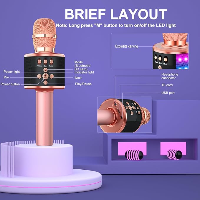 BONAOK Karaoke Microphone for Kids & Adults - Bluetooth Microphones Singing Mic with Disco Lights, Echo Effect, Built-in Speaker Portable Karaoke Player for Party Travel Gifts Q78(Rose Gold)-CubbioJoy