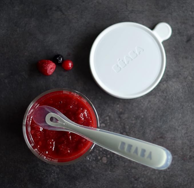 BEABA Baby's First Foods Spoon Set, Original Silicone Baby Spoons, 4 Pack, BPA Lead & Phthalate Free, Gray-CubbioJoy