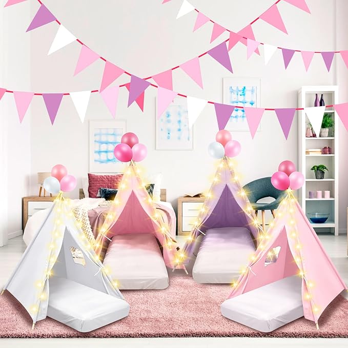 6 Pack Sleepovers Teepee Tent for Kids Bulk with Mattress Sheet Light,Natural Cotton Washable Indoor Play Tent for Birthday Slumber Party Girls Boys Pajama Movie Night Supplies(Pink, Purple, White)-CubbioJoy