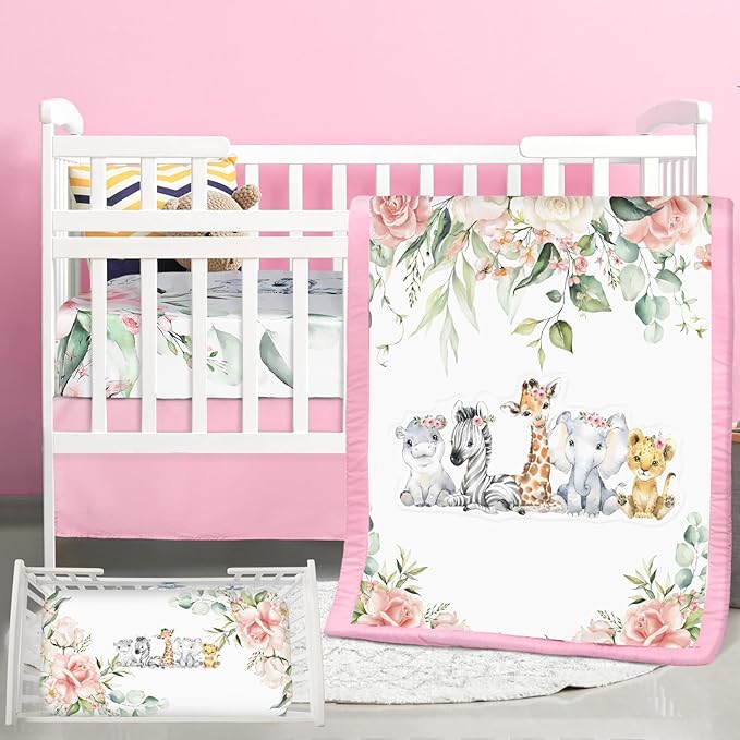 3 Pcs Baby Crib Bedding Set Safari Animals Dinosaurs Bear Woodland Animals Jungle Crib Set Includes Quilt, Fitted Sheet, Skirt for Baby Boy Girl(Pink,Safari)-CubbioJoy