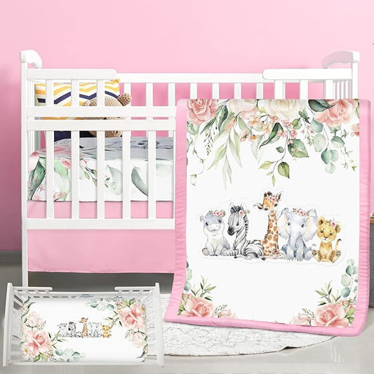 3 Pcs Baby Crib Bedding Set Safari Animals Dinosaurs Bear Woodland Animals Jungle Crib Set Includes Quilt, Fitted Sheet, Skirt for Baby Boy Girl(Pink,Safari)-CubbioJoy