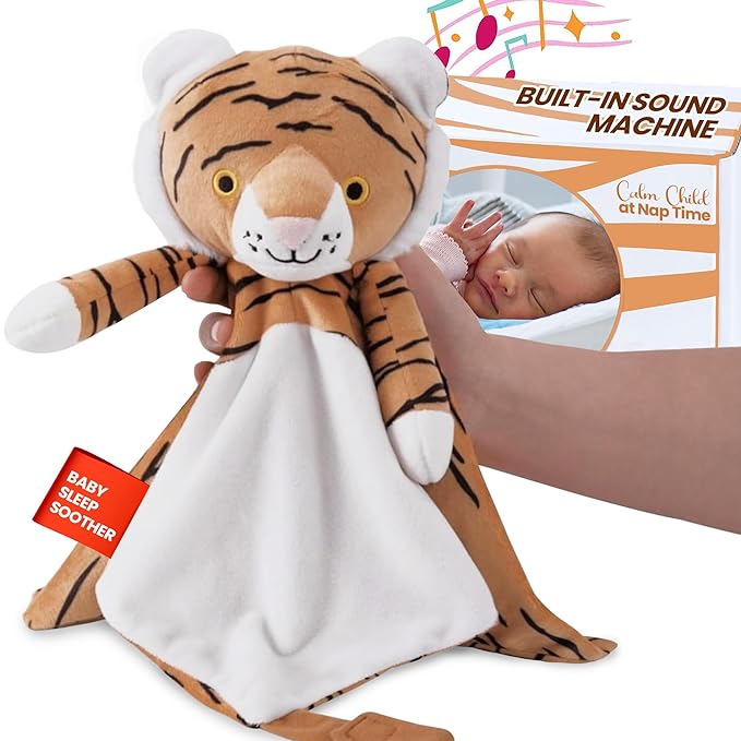 4-in-1 Sound Machine, Baby Lovey, Blanket - White Noise & Lullaby Plush Tiger - Calms & Reduces Wakeups, Helps Toddler Sleep Longer - Proven Sleep Aid -Musical BPA-Free, Machine Washable Newborn Gift-CubbioJoy