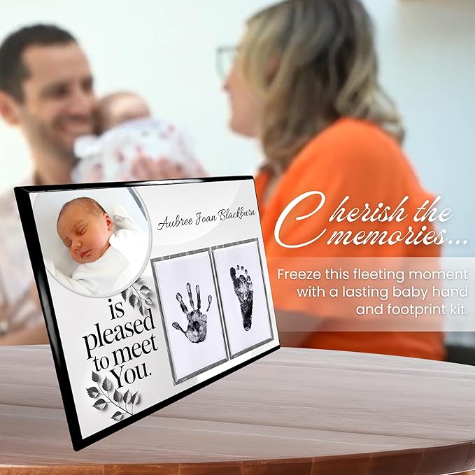 Baby Hand and Footprint Kit with Photo & Birth Details, Inkless Hand and Footprint Kit, Newborn Keepsake Plaque, Baby Shower Gifts (STYLE 1 (Fully Personalized) (Is Pleased To Meet You))-CubbioJoy
