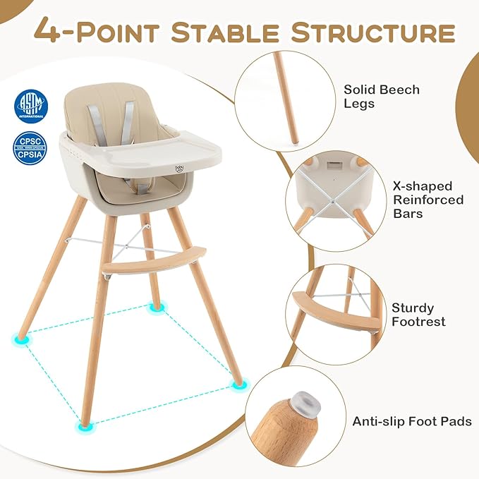 BABY JOY Convertible Baby High Chair, 3 in 1 Wooden Highchair/Booster/Chair with Removable Tray, Adjustable Legs, 5-Point Harness, PU Cushion and Footrest for Baby, Infants, Toddlers (Beige)-CubbioJoy