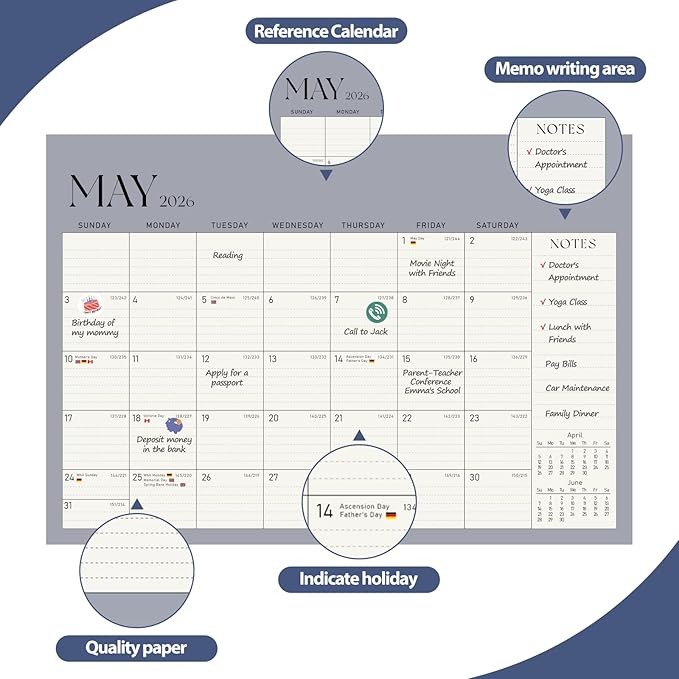 Desk Calendar 2025-2026, Monthly Desktop Large Calendar Runs Until December 2026-17" x 12" Desk Wall Planner for Family Office Teacher School, Blue-CubbioJoy
