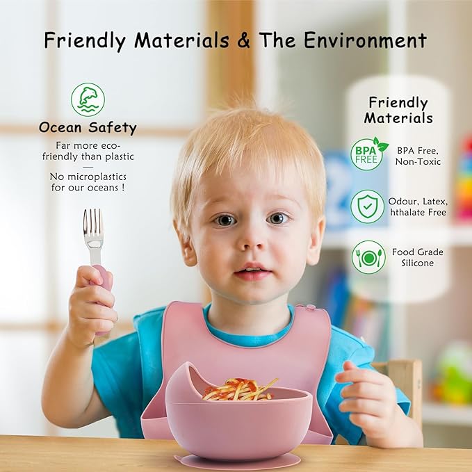 Baby Feeding Set, 13PCS Silicone Baby Self Feeding Set, Toddler Led Weaning Utensils Set with Suction Bowl and Plate, 3 Set of Baby Spoon and Fork, Adjustable Bid, Sippy Cup with Straw and 2 Lids-CubbioJoy