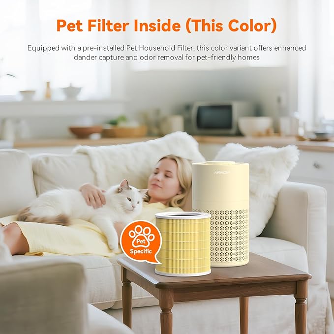 AIRROMI Air Purifier for Bedroom with HEPA Fet Filters, Pet Air Purifiers for Home Cat Pee Smell, Covers Up to 990Ft², Quiet 360° intake Air Cleaner for Allergies Dust Smoke Odor A2001 Yellow-CubbioJoy