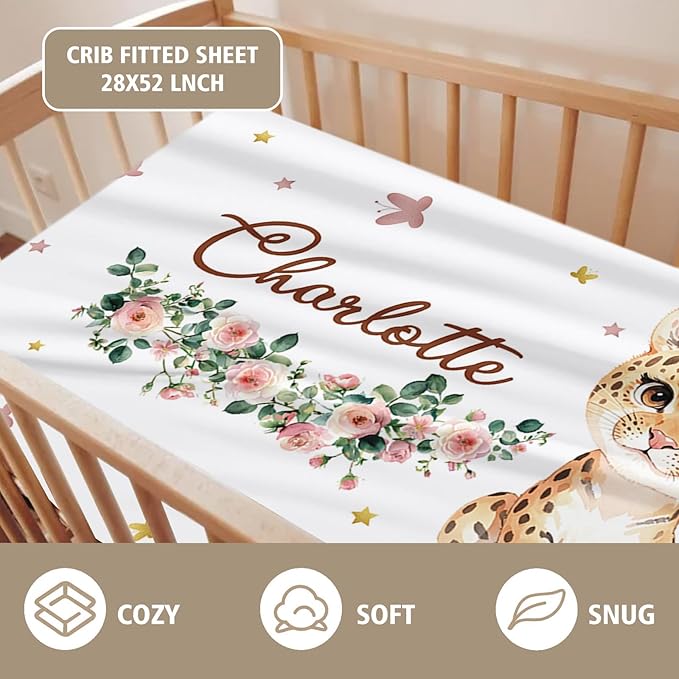 Custom Name Crib Bedding Set - Leopard Theme, Personalized Yellow Flower Nursery Bedding 3-Piece Set– Soft Blanket, Fitted Sheet, Changing Pad Cover – for Newborns Girls Nursery Gifts-CubbioJoy