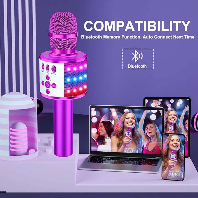 BONAOK Karaoke Microphone for Kids & Adults - Bluetooth Microphones Singing Mic with Disco Lights, Echo Effect, Built-in Speaker Portable Karaoke Player for Party Travel Gifts Q78(Purple)-CubbioJoy
