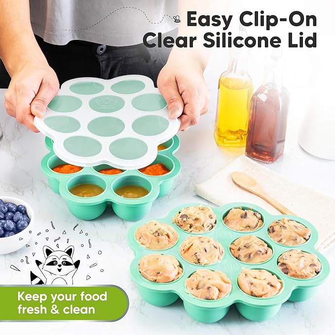 KeaBabies Silicone Food Freezer Trays with Lid, 2oz x 10 Pods Baby Food Storage Containers, Easy Puree Meal Prep, Breast Milk Silicone Freezer Molds, Dishwasher,Microwave Safe,BPA-Free(Alpine Green)-CubbioJoy