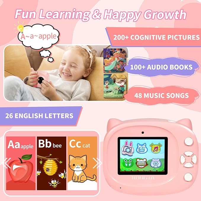 Instant Print Camera Toy for Kids, Girls Birthday Gifts for 3 4 5 6 7 8 Year Old Learning Music Story Player, 1080P HD Dual-Lens Creative Instant Camera (Pink)-CubbioJoy