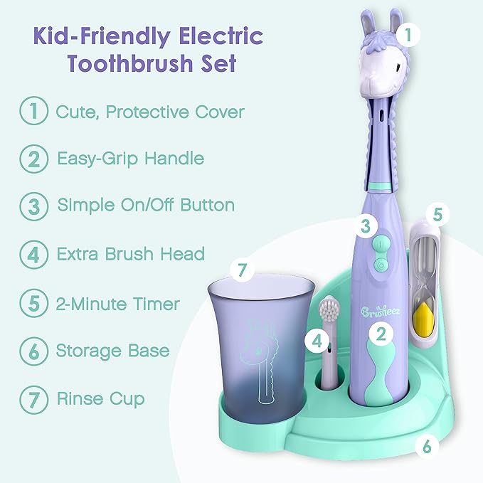 Brusheez Kids’ Electric Toothbrush Set - Safe & Effective for Ages 3+ - Parent Tested & Approved with Gentle Bristles, 2 Brush Heads, Rinse Cup, 2-Minute Timer, & Storage Base (Luna The Llama)-CubbioJoy