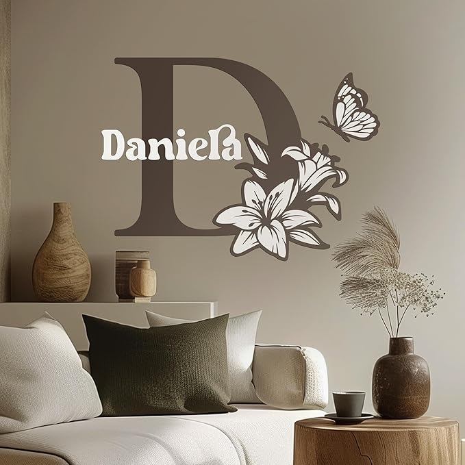 CRYPTONITE Custom Name & Initial with Lily and Butterfly I Flower Wall Decals for Bedroom Decor | Custom Decal for Girl Bedroom Decor I Pink Room Decor for Little Girl Room Decor (B. Flower)-CubbioJoy